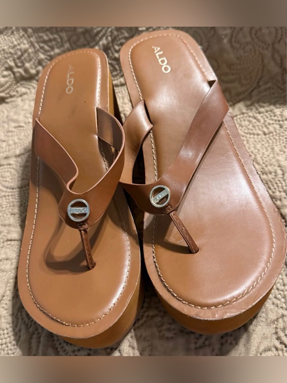 ALDO Tan Brown Leather Platform Toe-Post Sandals